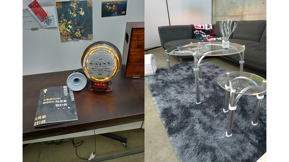 各式材料在設計師巧手下再次活化，左為利用退役電錶再造的喇叭，右為利用電纜製作而成的桌子。